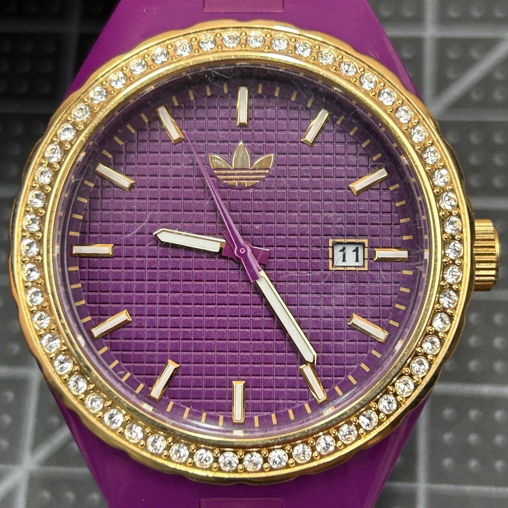 Adidas Originals ADH2070 Purple Gold Crystal Bezel Silicone Watch Mens Womens